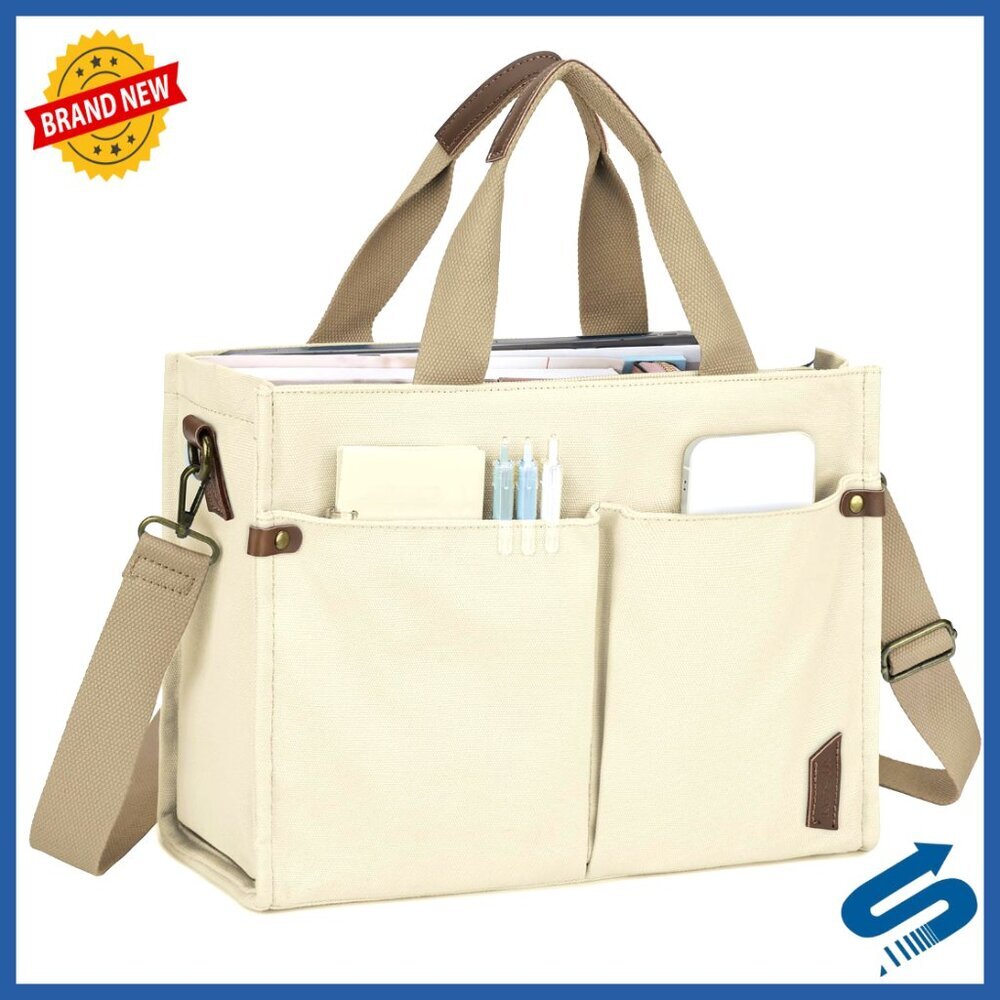 Canvas Tote Bag Casual Sturdy Work Satchel with Zippers Pockets Crossbody